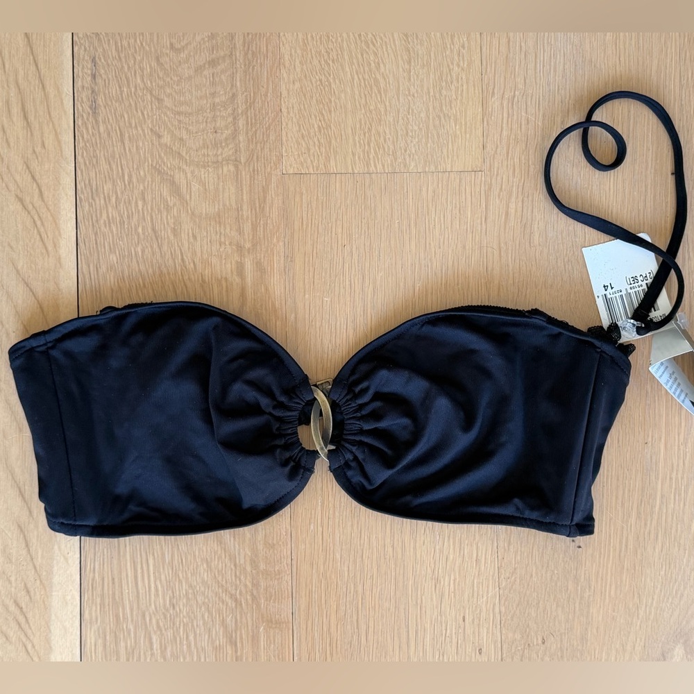 NWT Lauren Ralph Lauren Black Bikini Top Strapless w Gold Detailing Size 14 Swim